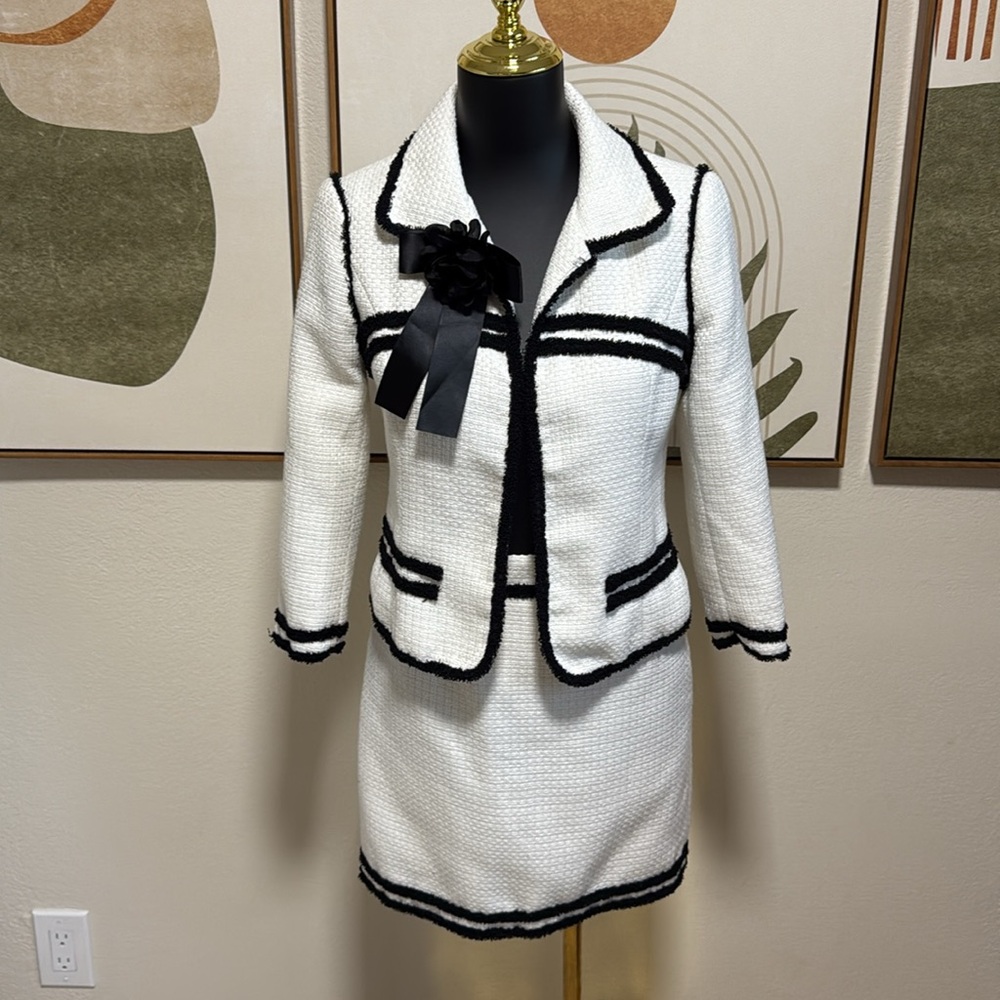 White Suit with Black Trim Matching Jacket and Skirt Set